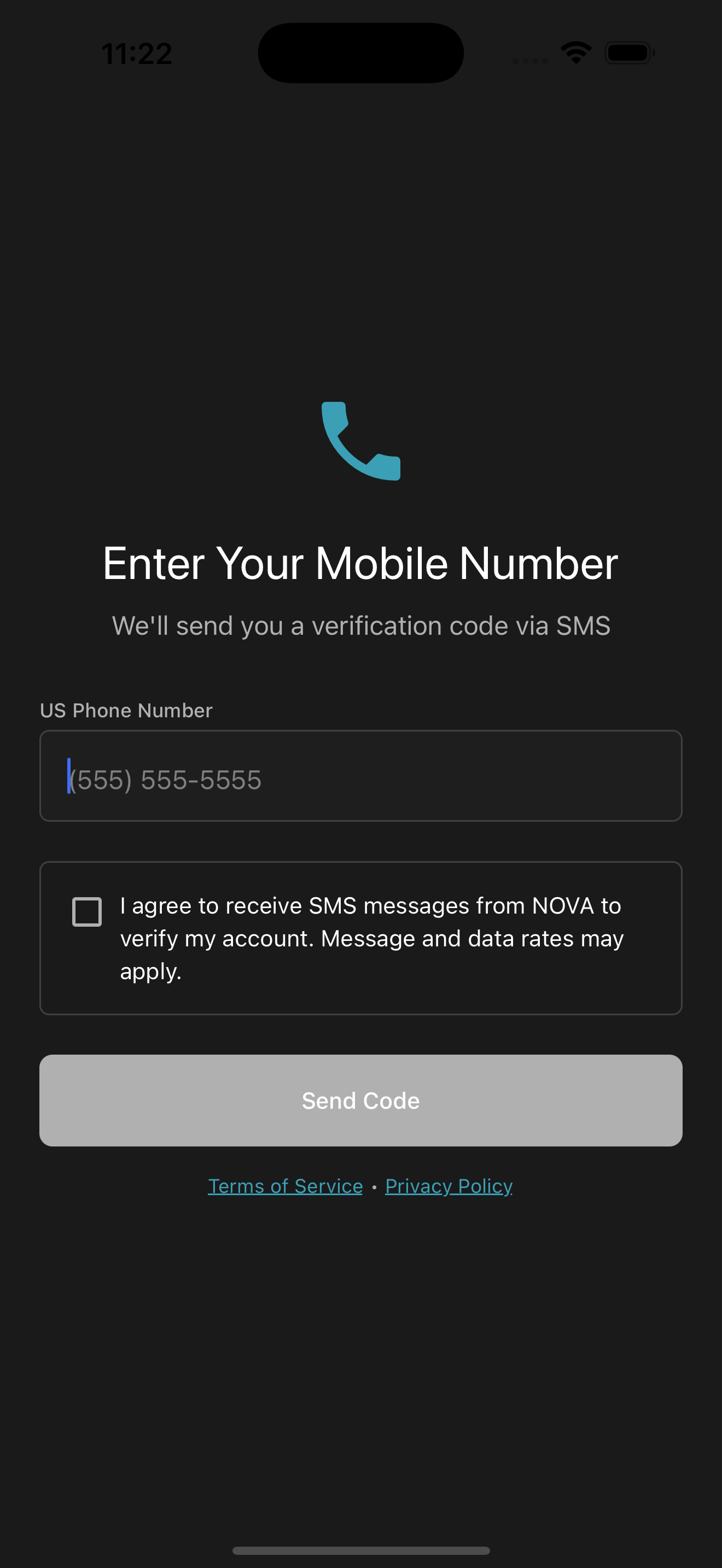 Phone number entry screen with consent text