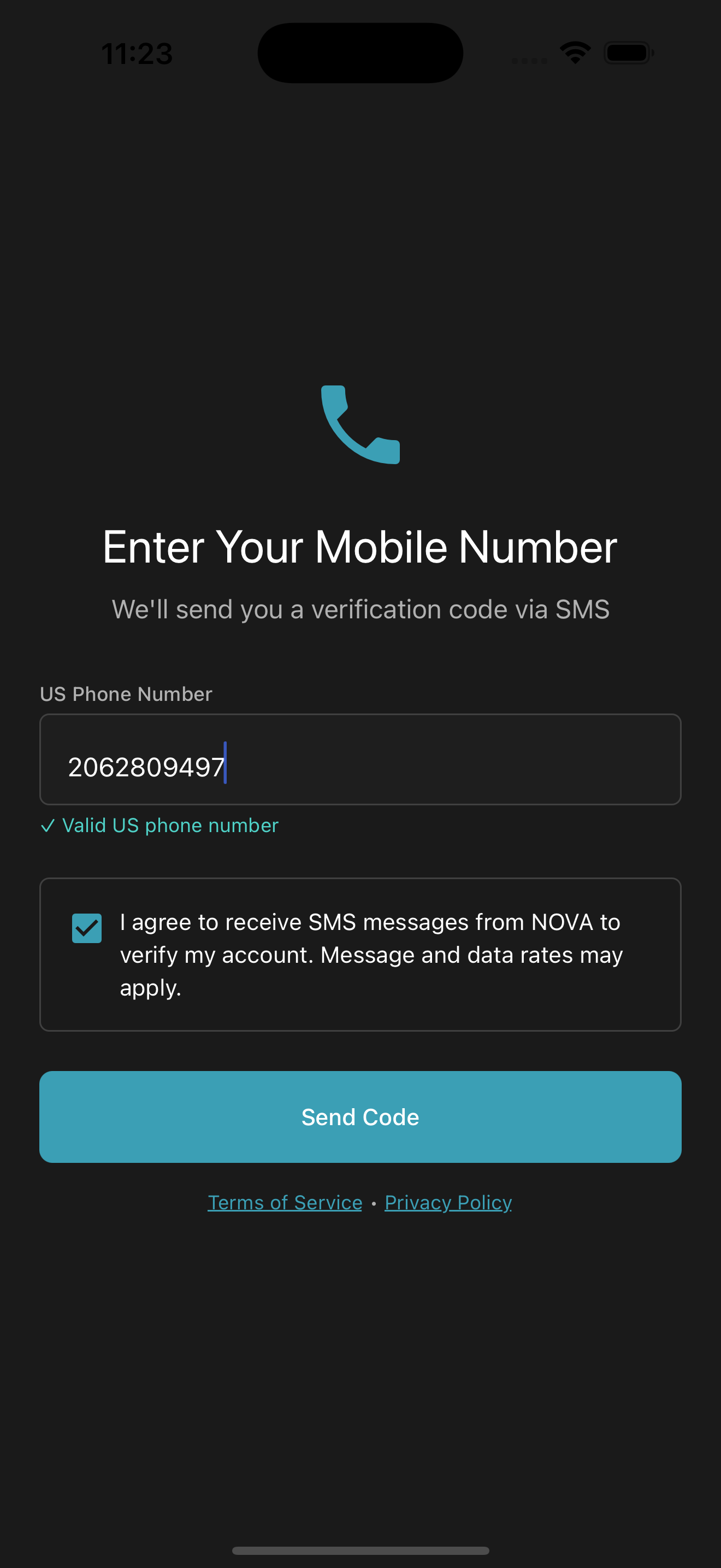 Consent checkbox and Send code button